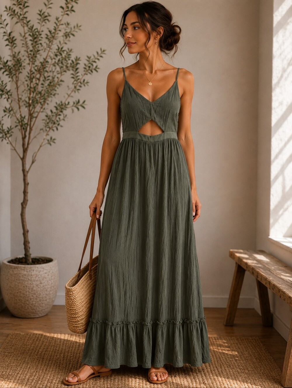 aerie Olive Green Spaghetti-Strap Maxi Dress with Front Cutout